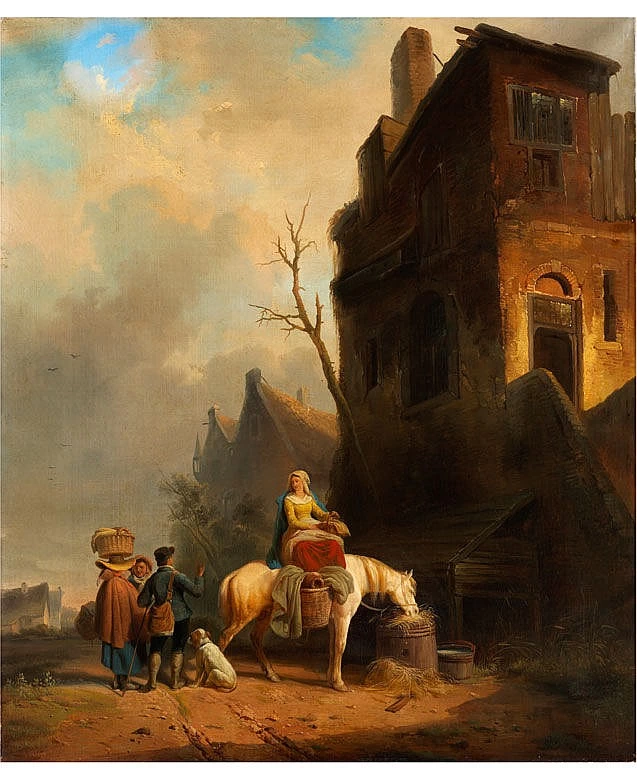 Veduta di villaggio con viaggiatori